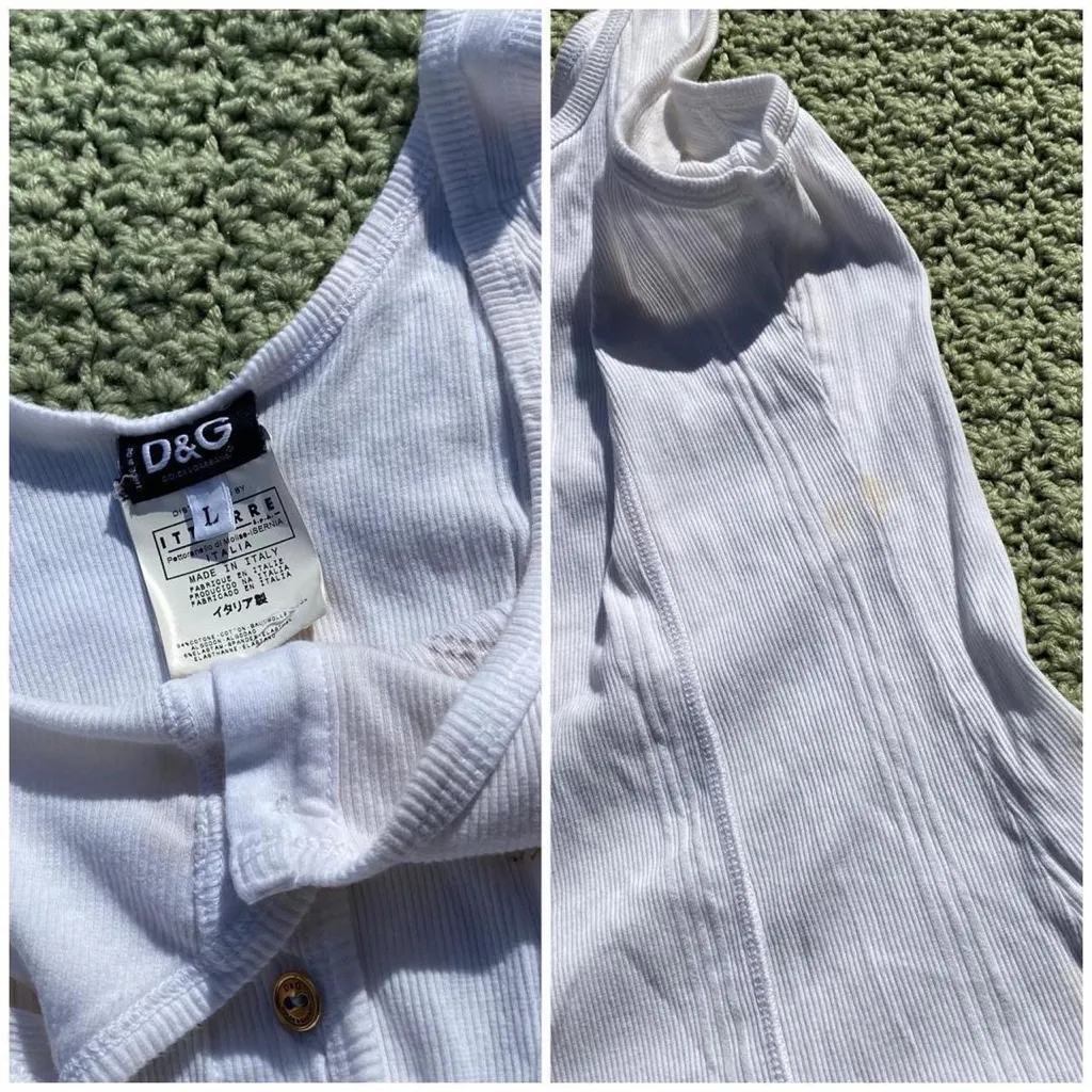 Vintage Y2k D&G Dolce & Gabbana gold bejeweled button up white ribbed tank top L - Image 4