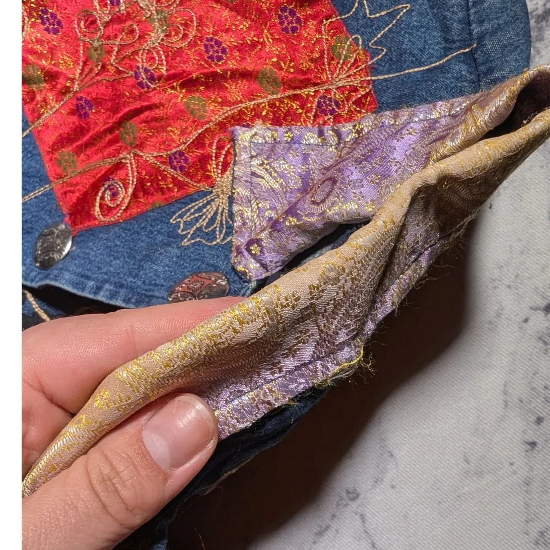 Vtg Y2K New Direction Blue Denim Brocade Satin Patchwork Button Up Jacket Sz M Size M - Image 3