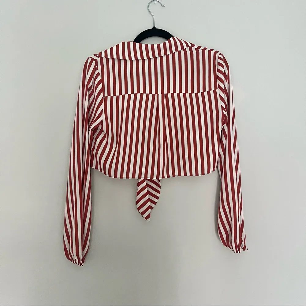 Striped Tie Front Long Sleeve Crop Top - Image 5