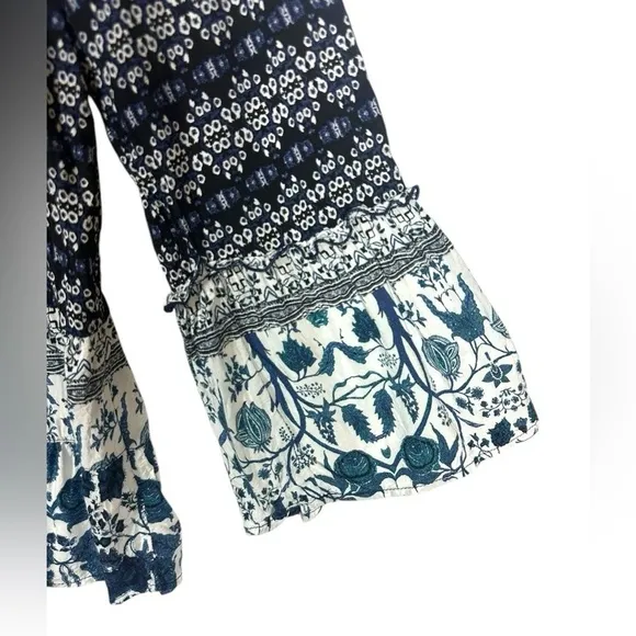 Como Vintage blue ruffle hem boho tunic top multi print flare sleeve plus sz 1x - Image 7