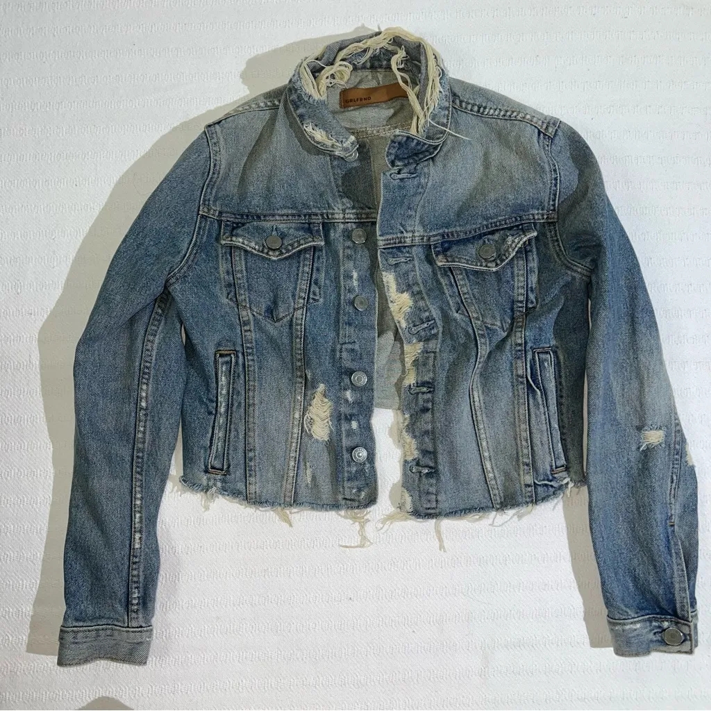 GRLFRND Cara Blue Denim Jacket Size XS Distressed USA Designer Raw Hem - Image 1