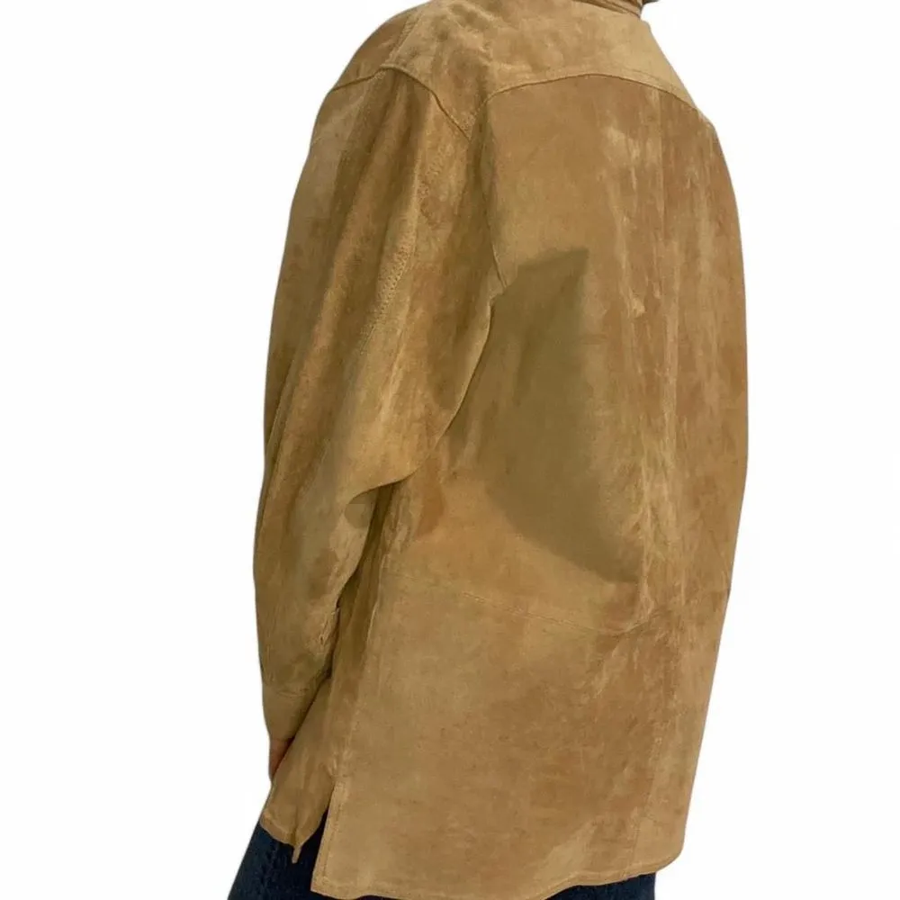 Vintage Brown Suede Leather Button Down Jacket 100% Pig Suede Size L - Image 5