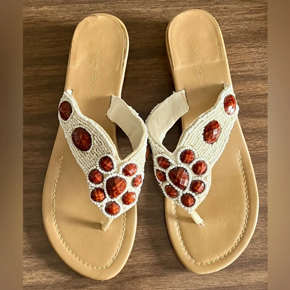 Ann Marino Ivory and Red Beaded Thong Wedge Sandals, Size 9 Multiple - Image 6