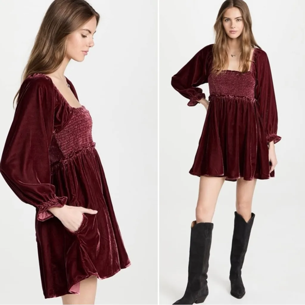 Free People Dainty Renaissance Daphne Velvet Mini Dress Burgundy Brown Medium - Image 3