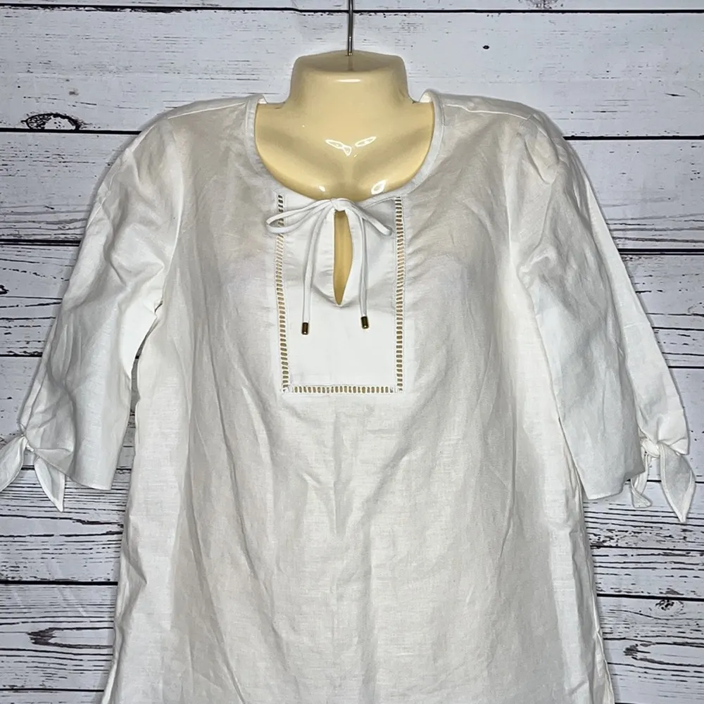 Pappagallo NWT Size S White Keyhole Eyelet Trim Linen Blend Shirt Top - Image 2