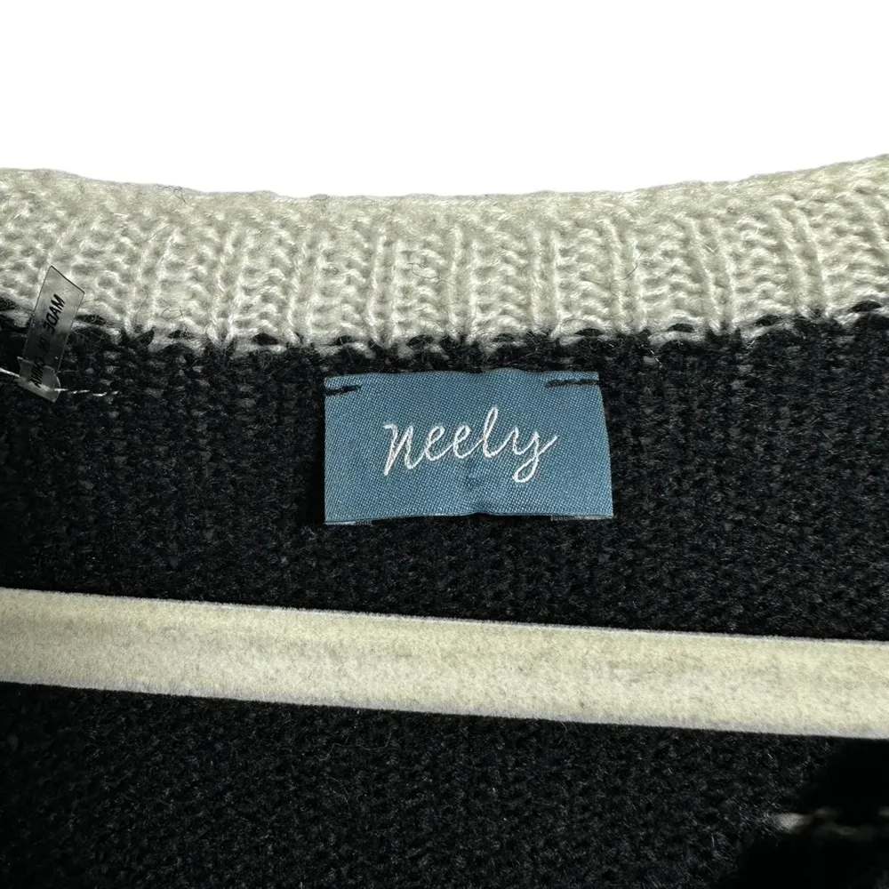 Neely Womens Sz S Star Sweater White Black Open Knit Oversized Stretchy V Neck - Image 4