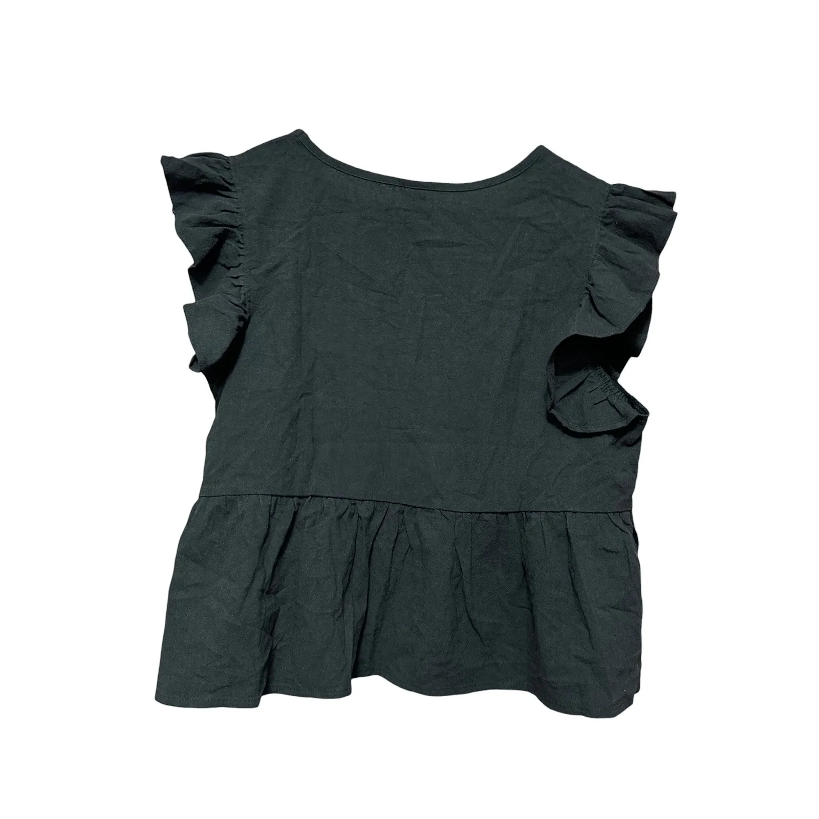 Black Ruffle Sleeve Peplum V Neck Top Women's Size M - Image 6