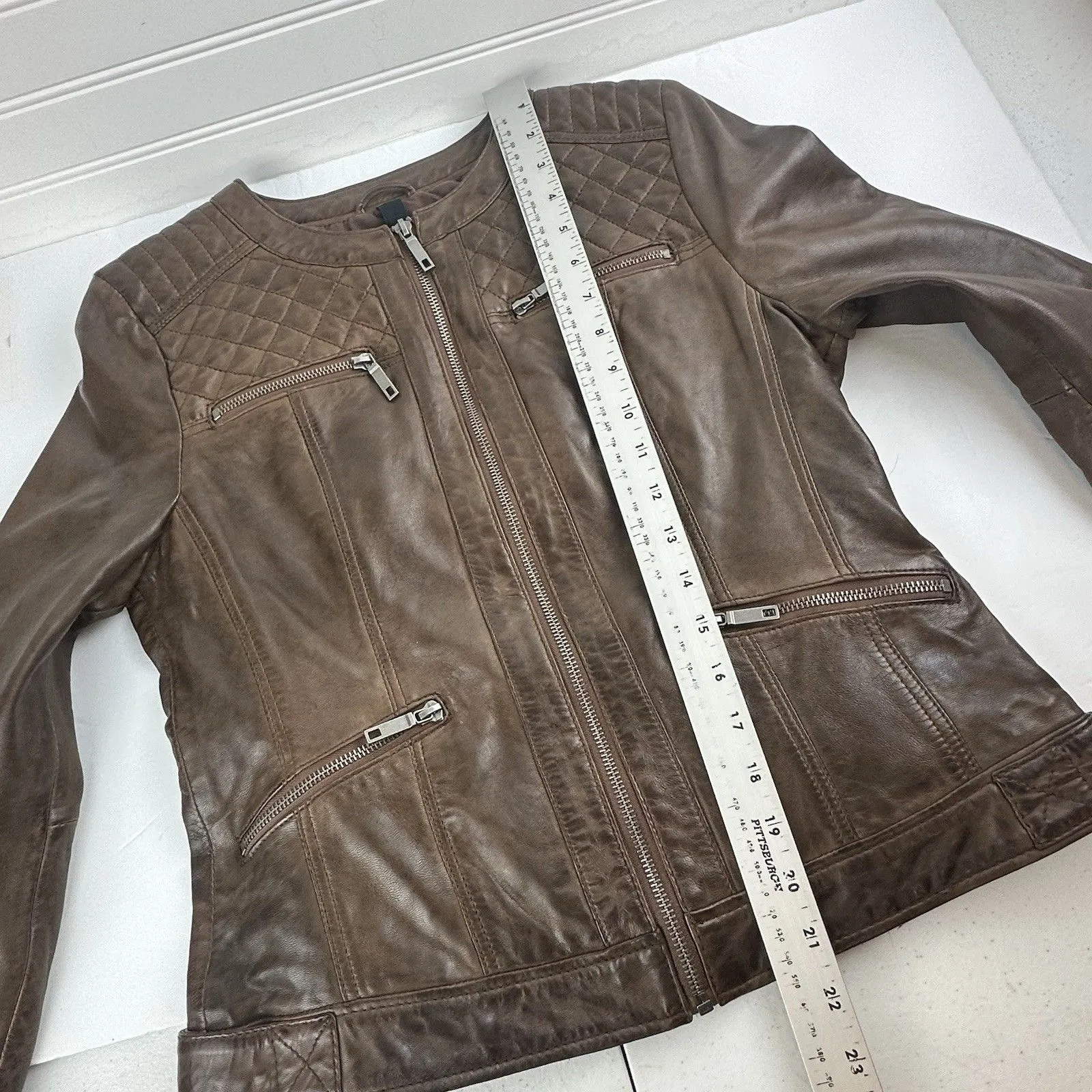 Brown Leather Moto Racing Biker Jacket Womens Small Full Zip Quilted Butter Soft - Image 9