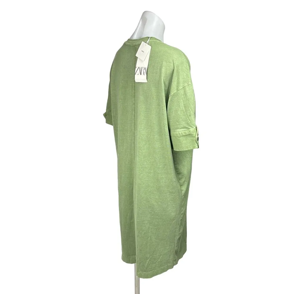 Zara NWT Green Cotton Cuffed Short Sleeve Crew Oversized T-Shirt Midi Dress Sz S - Image 3
