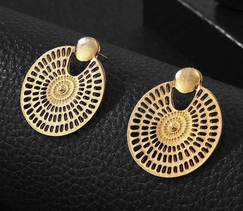 Hollowed Circle Round Stud Drop Earrings Gold - Image 5