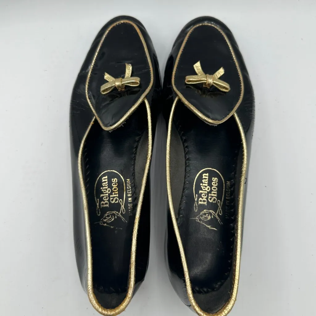 Belgian Shoes Midinette Loafers Black Patent Leather Gold Trim Bow M 5 (4287) - Image 6