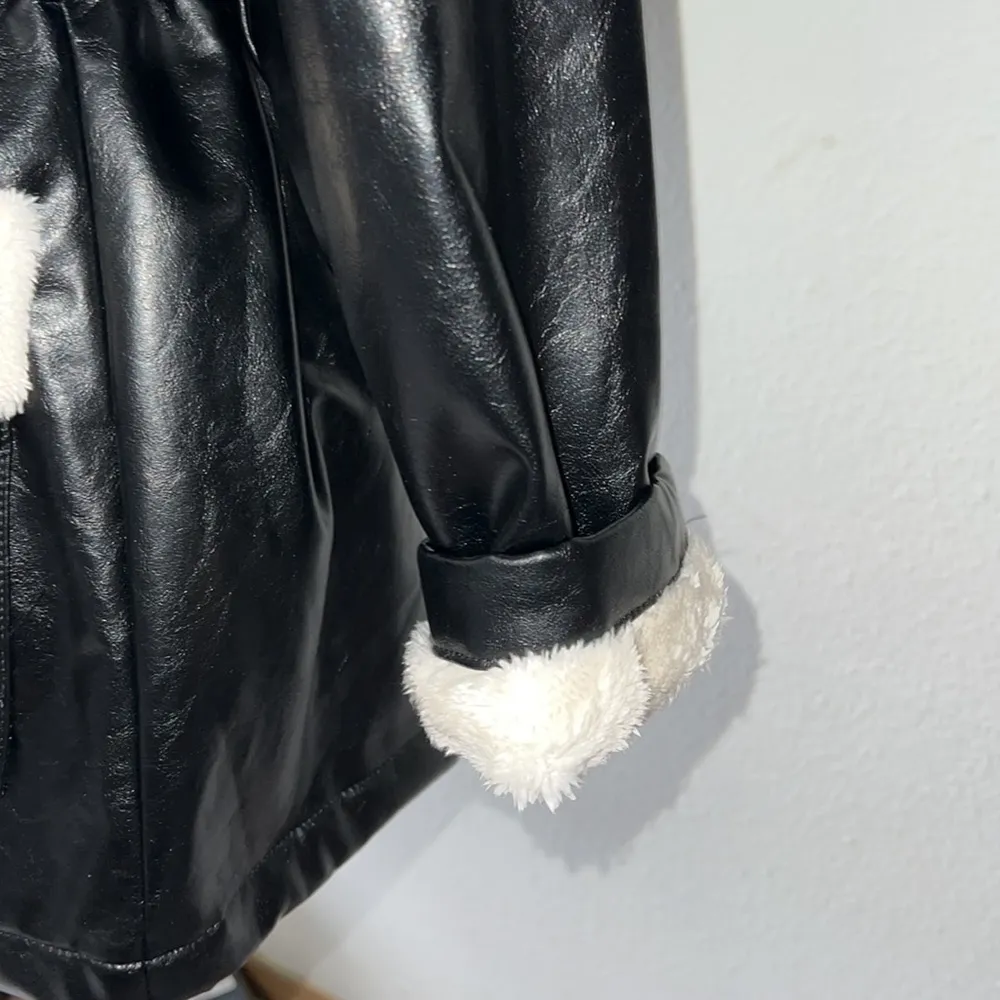 Pascale La Mode faux leather wrap jacket black w/white faux fur lining Size L Size L - Image 6