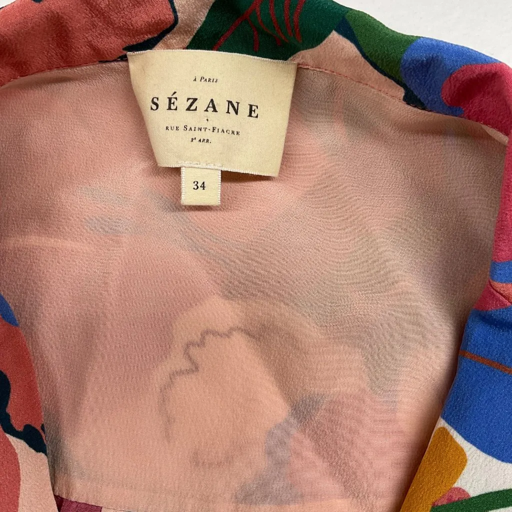 RARE Sezane Florence Shirt Silk blue pink white yellow floral SZ34 bust34 US2 - Image 7