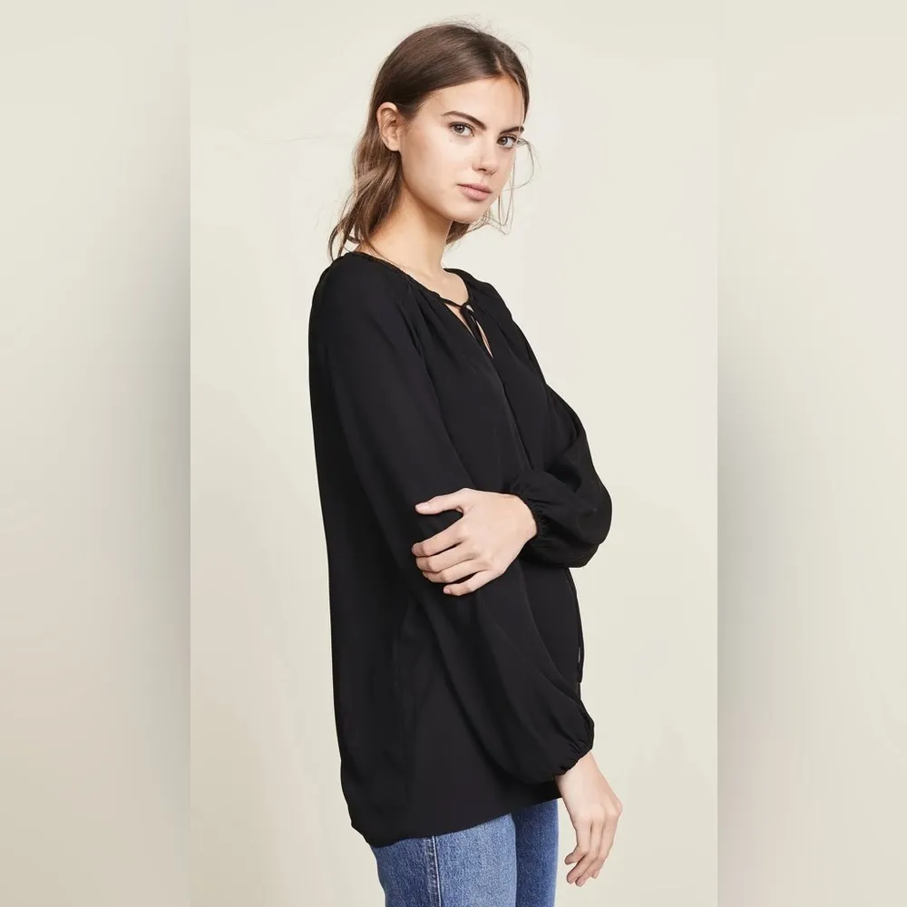 Theory Silk Gathered Slit Neck Top – Black, Size Large - Image 4