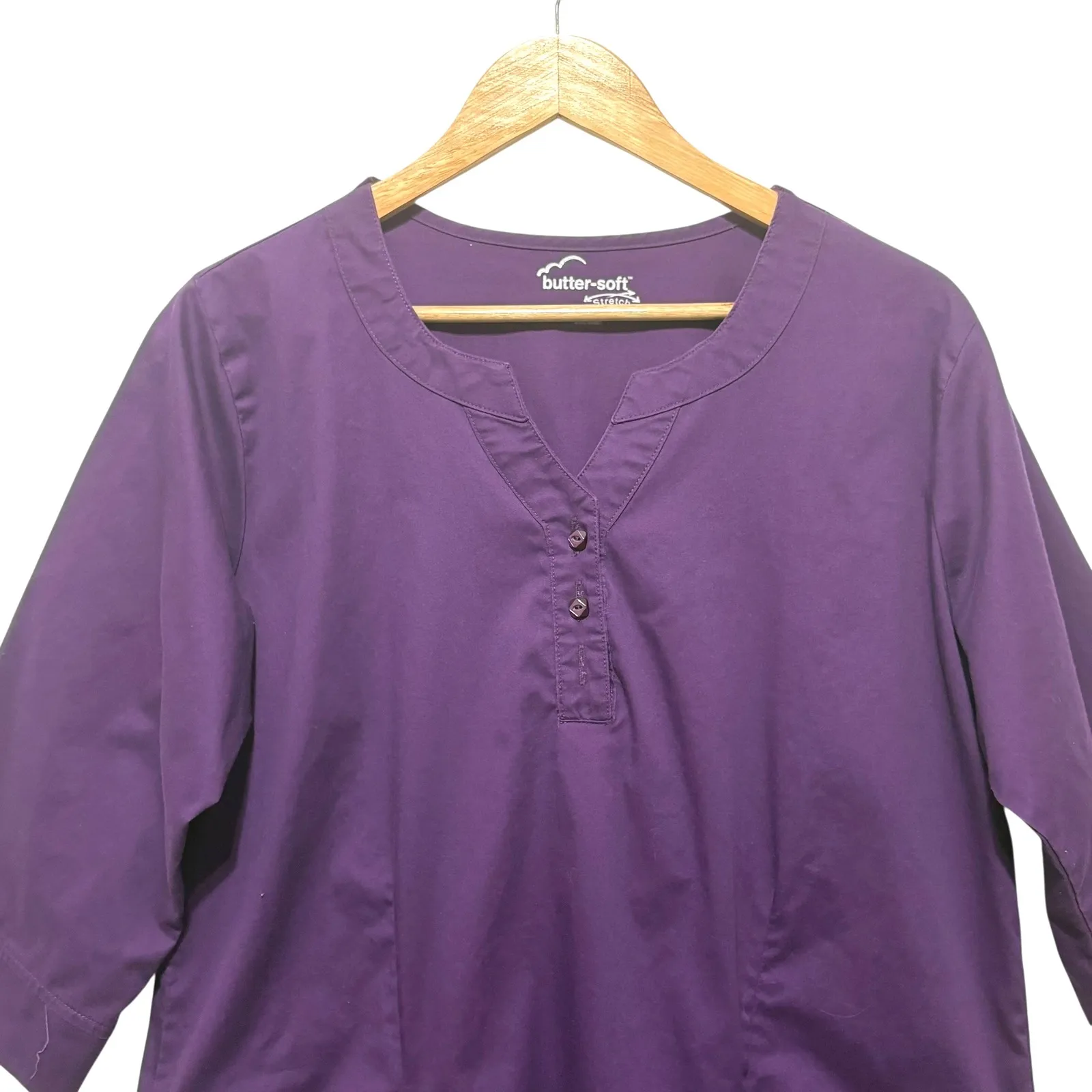Butter Soft Womens Scrub Top L Purple V Neck 3/4 Sleeve Stretch Nursing Uniform - Image 3