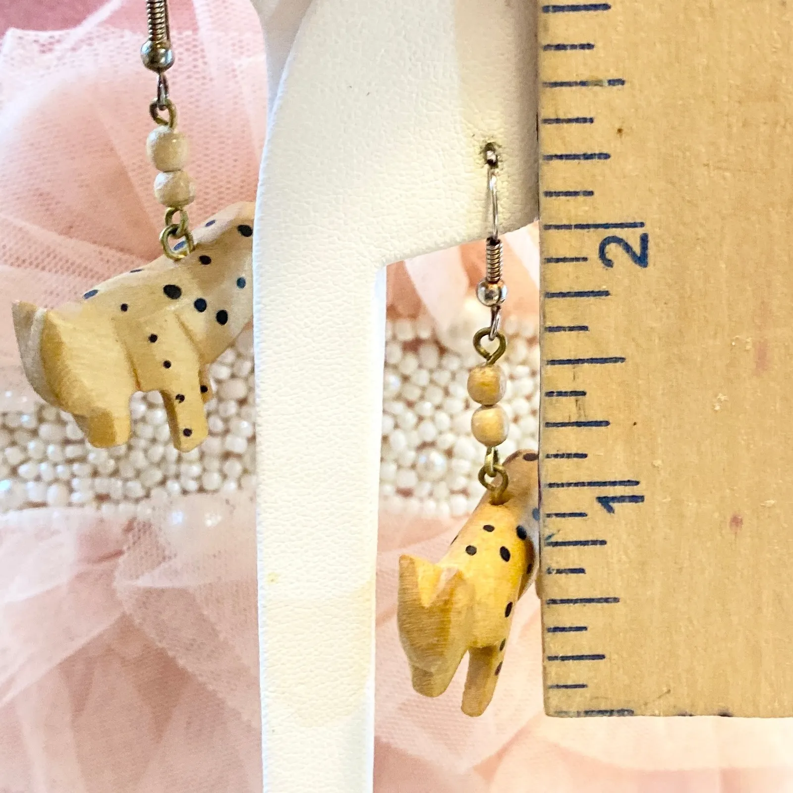 Whimsical Wood Animal Earrings Leopard Print Bead Dangle Drop Women's Jewelry Tan - Image 4