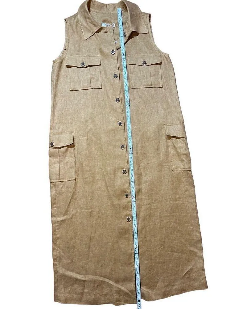 NEW adL womens linen button down midi dress cottage safari natural sz M in camel Tan Size M - Image 6