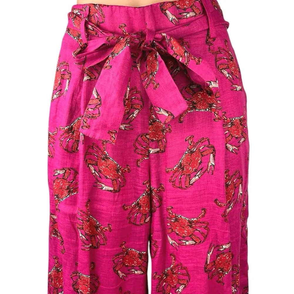 J.Crew Women's Pink 100% Linen Crab Print Wide Leg Tie Waist Trousers Pants Sz 2 - Image 4