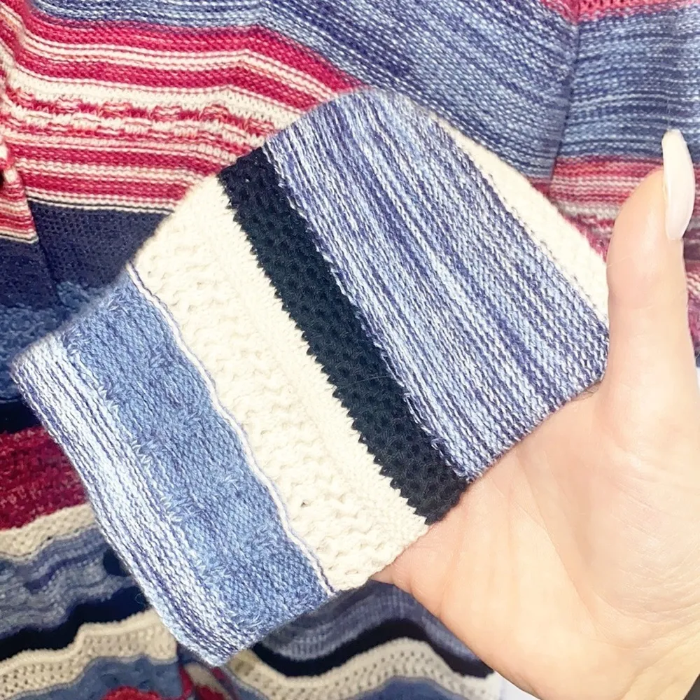 J. Jill Red Blue White Striped Knit Cotton Linen Blend Duster Button Cardigan - Image 4