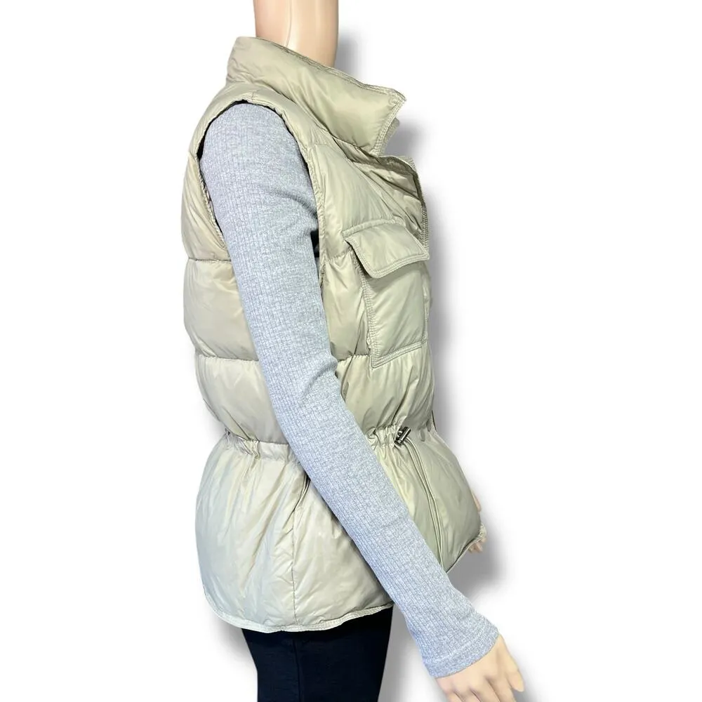 Boutique Womens Down Puffer Vest Drawstring Waist Khaki Tan Button Close Small - Image 5