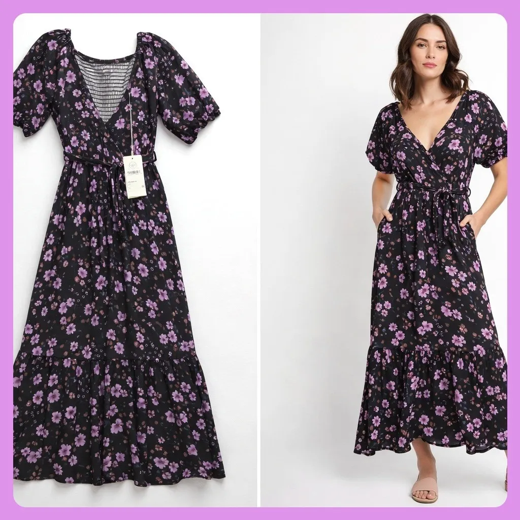 Saltwater Luxe Nordstrom Black Floral Dark Cottagecore Indie Femme Maxi Dress L - Image 2