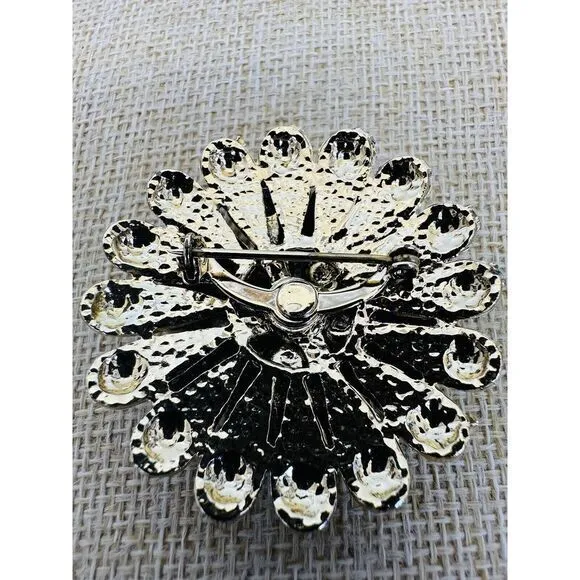 Vintage Feather Peacock Emerald Green Flower‎ Pin Brooch Rhinestone Gold Tone - Image 3