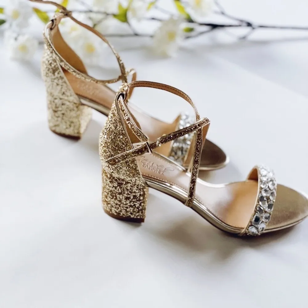 NEW Jewel By Badgley Mischka Women's Glitter Low Block Gold High Heel Sandal 5.5 - Image 7