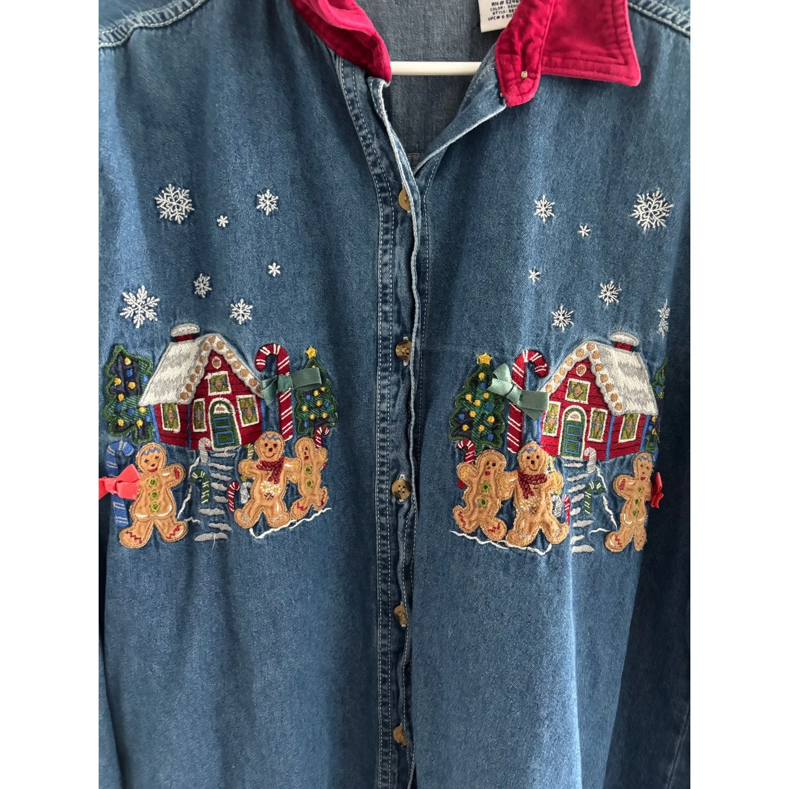 Vintage Bobbie Brooks Top Womens L Gingerbread Holiday Teacher Embroidered 90s Blue Size L - Image 4
