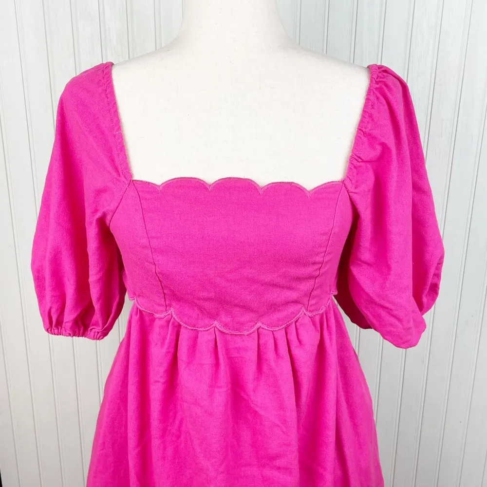 OPT April Scalloped Hem Cutout Tie Back Mini Dress Puff Sleeves Linen Size Small - Image 6