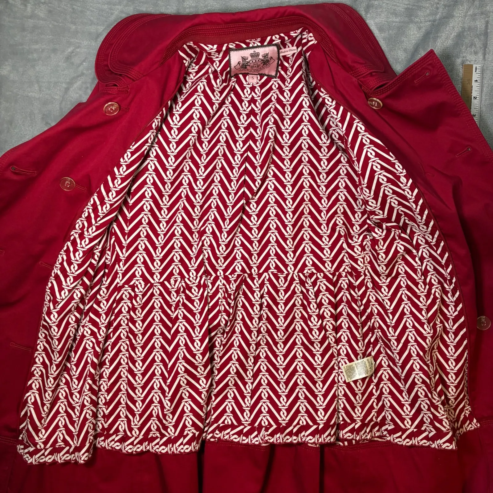 Y2K Juicy Couture Red Double Breasted Trench Coat 3/4 Sleeve Gold Buttons Size S - Image 3