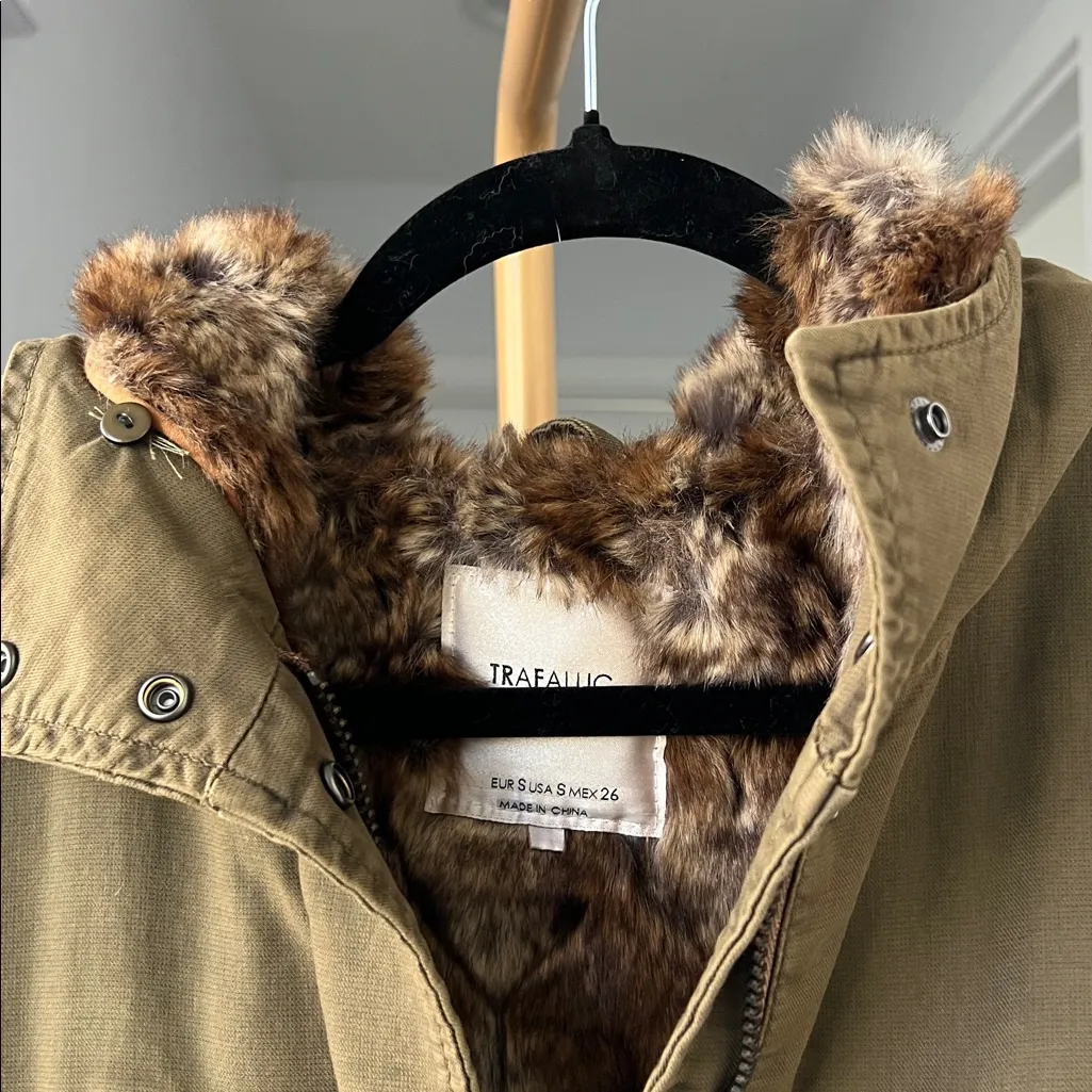 Zara Olive Green Fur Lined Thick Warm Military Parka Size Small - Image 6
