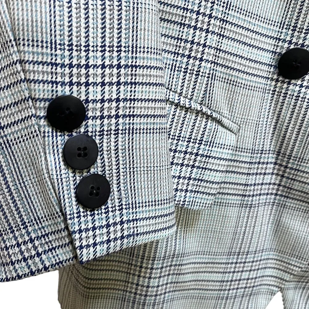 Vintage Escada Margaretha Ley wool silk plaid double breasted blazer Blue Size 6 - Image 4