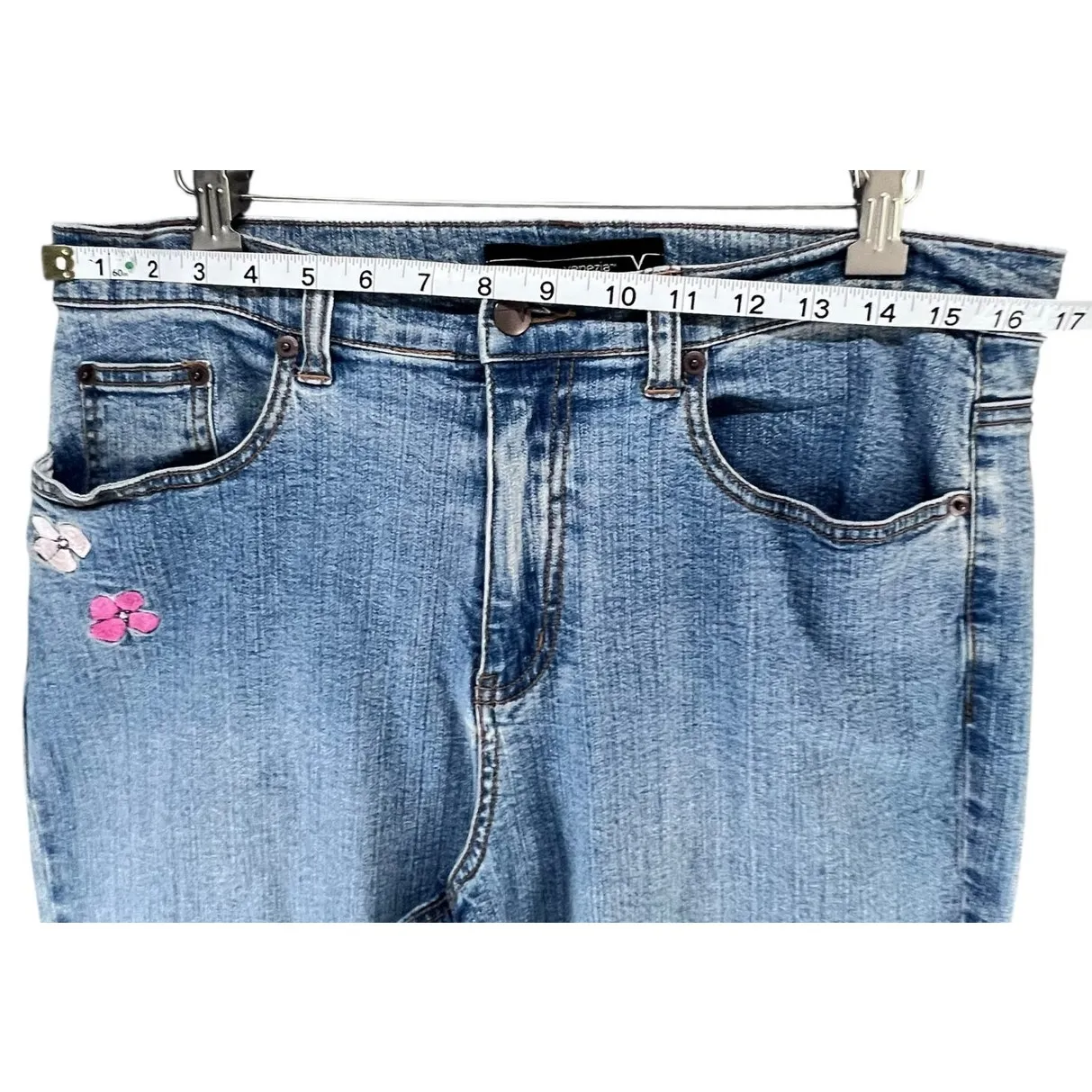 Venezia Jeans Womens 14 Blue Floral Embroidery Straight High Rise Boho Cottage - Image 5