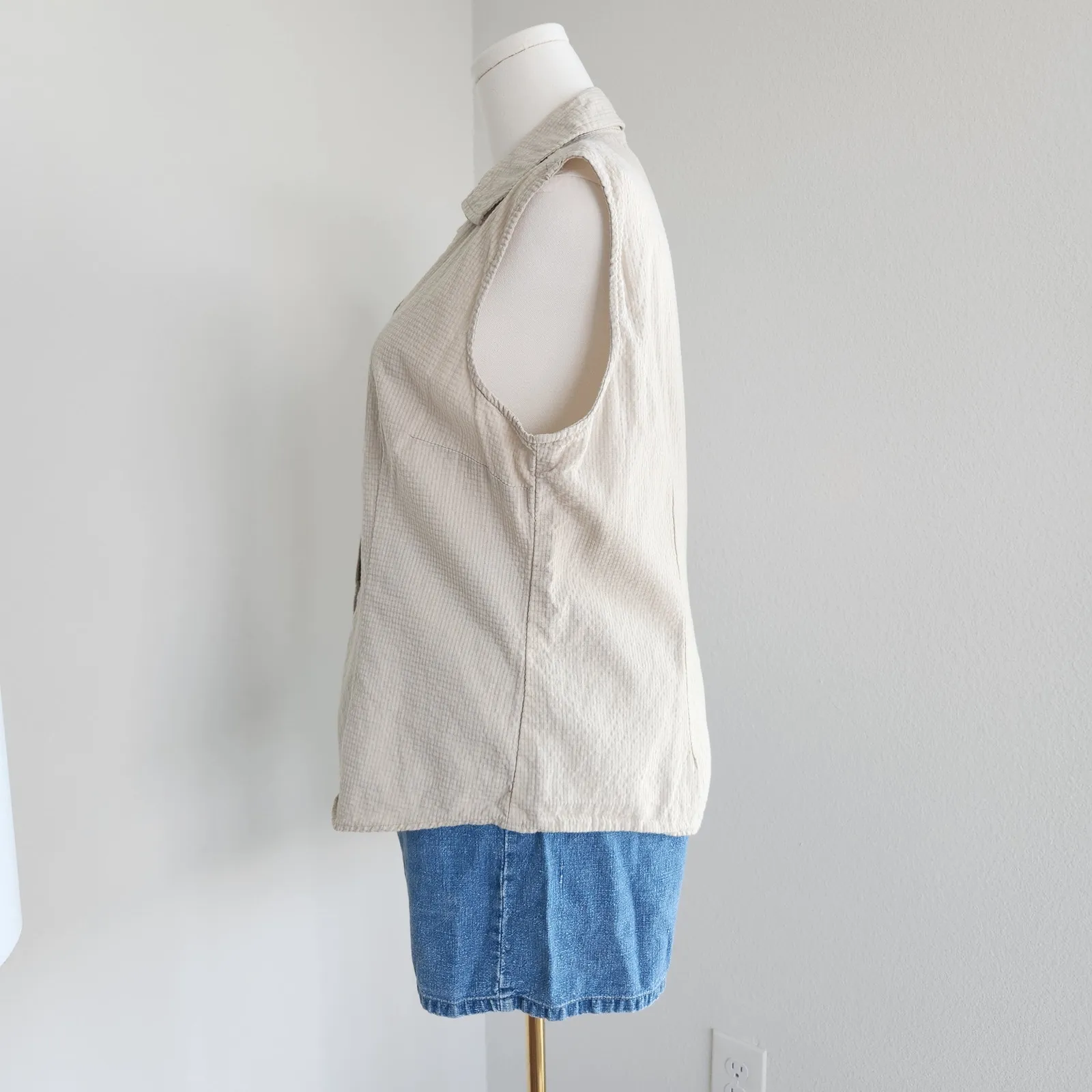 90s Classic Elements Tan White Plaid Sleeveless Flannel Shirt Button Down L - Image 4