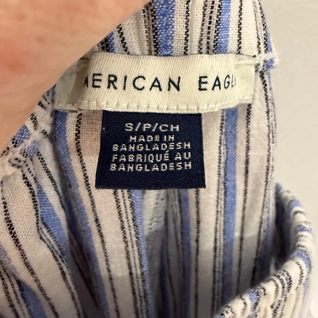 American Eagle Blue White Stripe Wide Leg Linen Blend Pull On Pants Small - Image 5