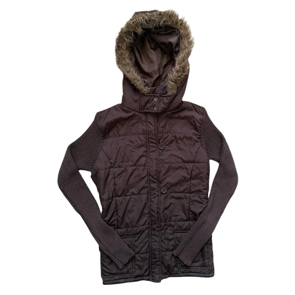 Vintage Y2K Say What? Chocolate Brown Hooded Button Puffer Jacket Size XL - Image 2