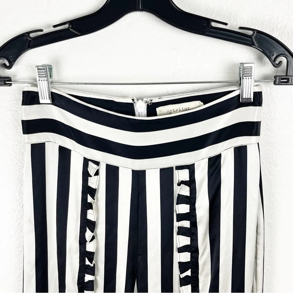 ARTELIER NICOLE MILLER Silk Blend Striped Ruffle Trim High Front Splits Pants 0 - Image 5