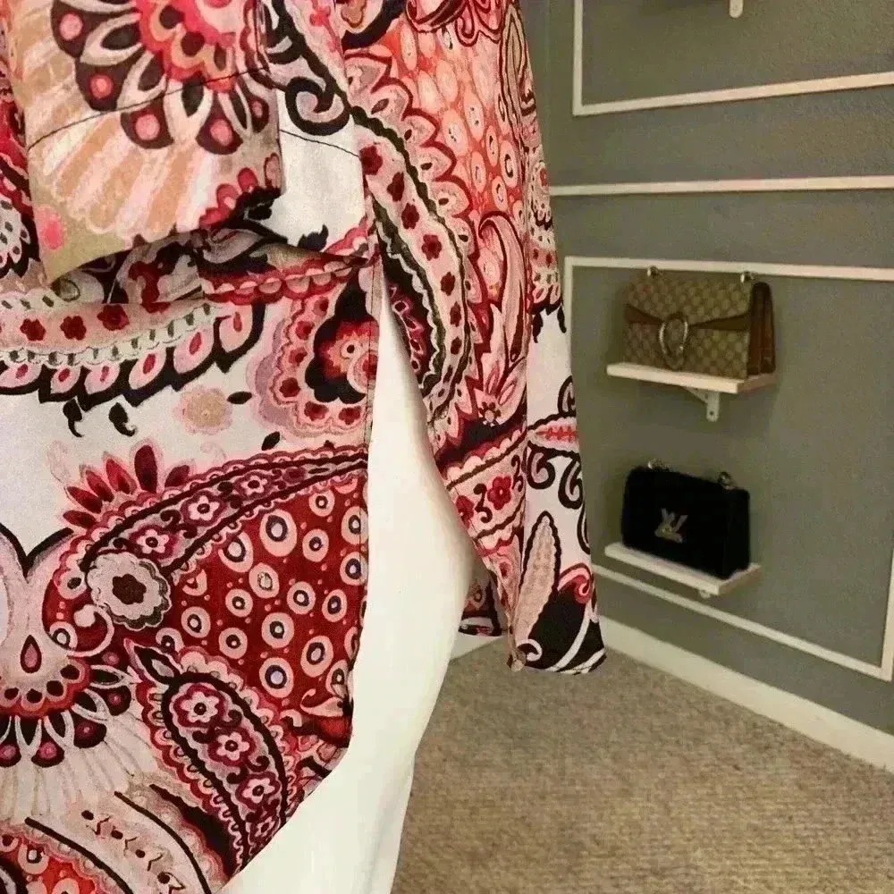 ZARA Tunic Red Paisley High Mock Neck Banded Collar Split Sides Size S - Image 11