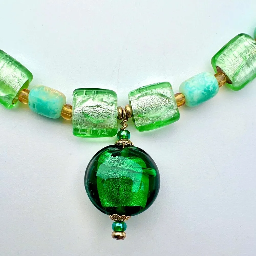 Handmade Green Glass Beaded Necklace Toggle Clasp Statement - Image 7