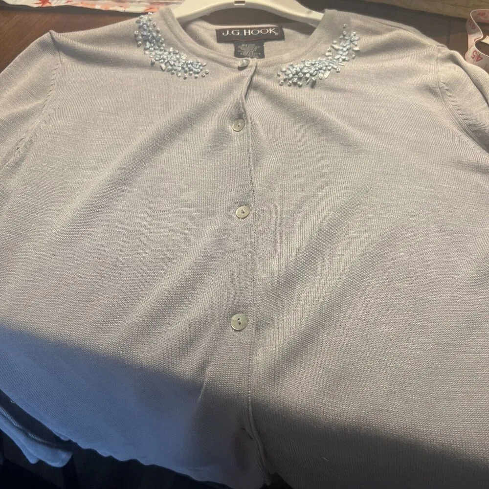 Vintage J.G. Hook Tussah Silk Embroidered Cardigan Medium Blue Teacher Preppy - Image 12