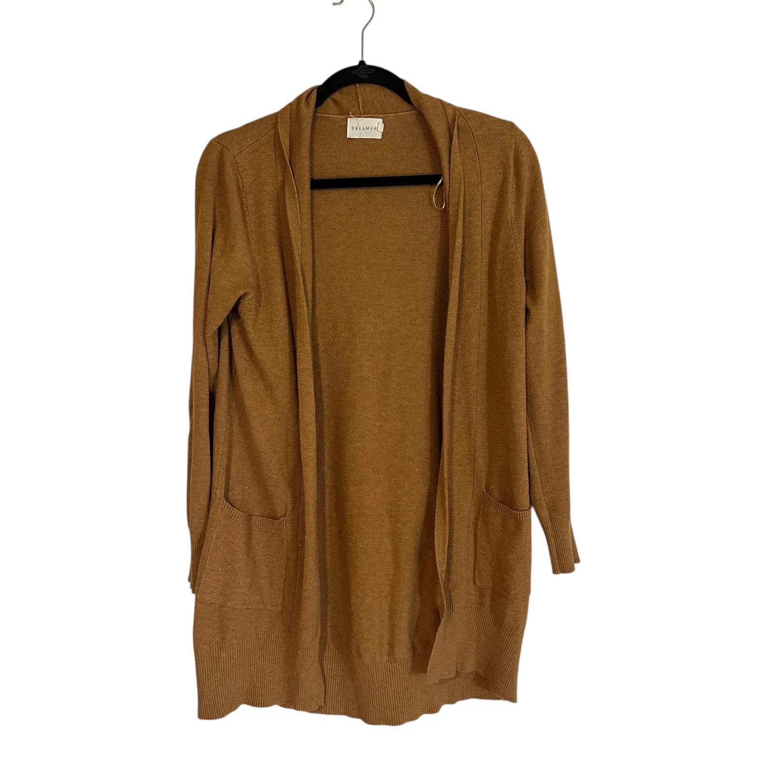 Dreamers Long Open Front Cardigan Sweater M/L Camel Brown Pockets - Image 2
