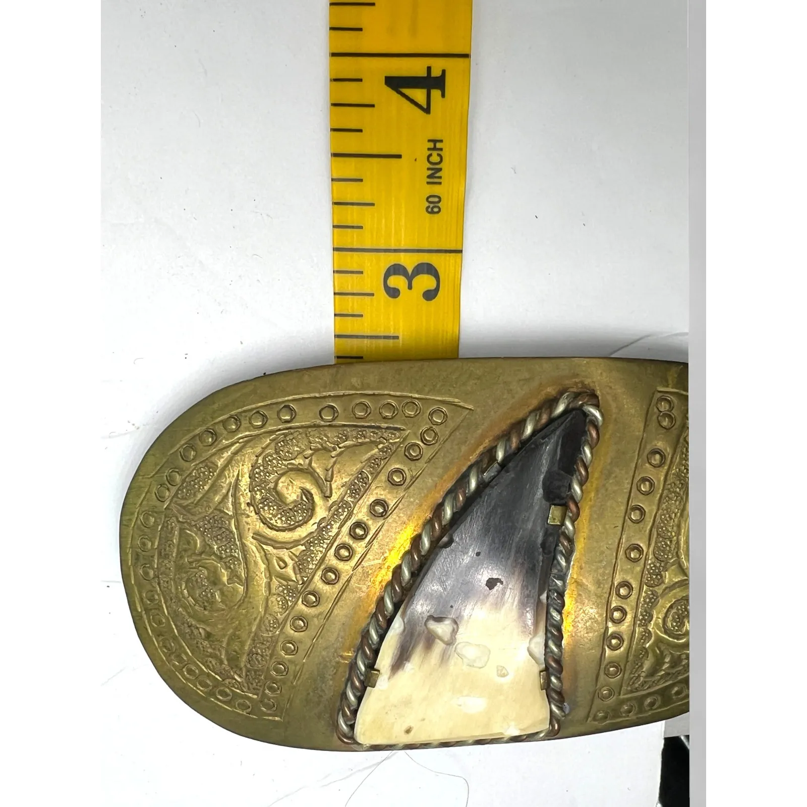 VINTAGE 90's CHICO's braided leather belt Statement medallion buckle Horn Brass Black - Image 4