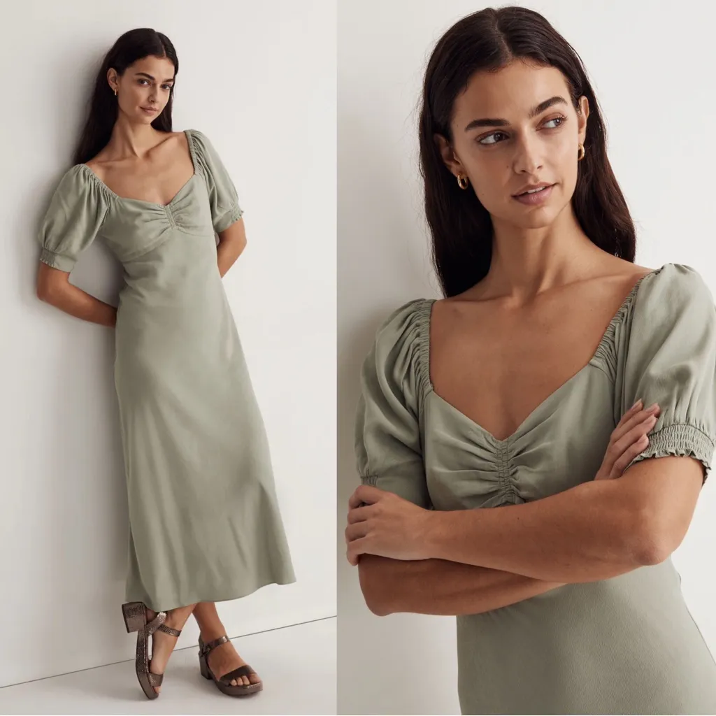 Madewell • Sweetheart Puff-Sleeve Midi Dress in Frosted Sage green bias cut - Image 2