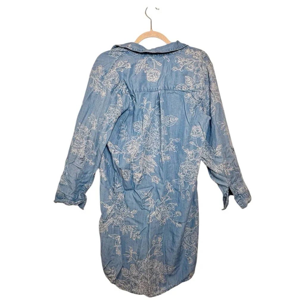 Chico’s Blue Floral Chambray Shirt Dress Coastal Casual Button Front Size 1 (M) - Image 3