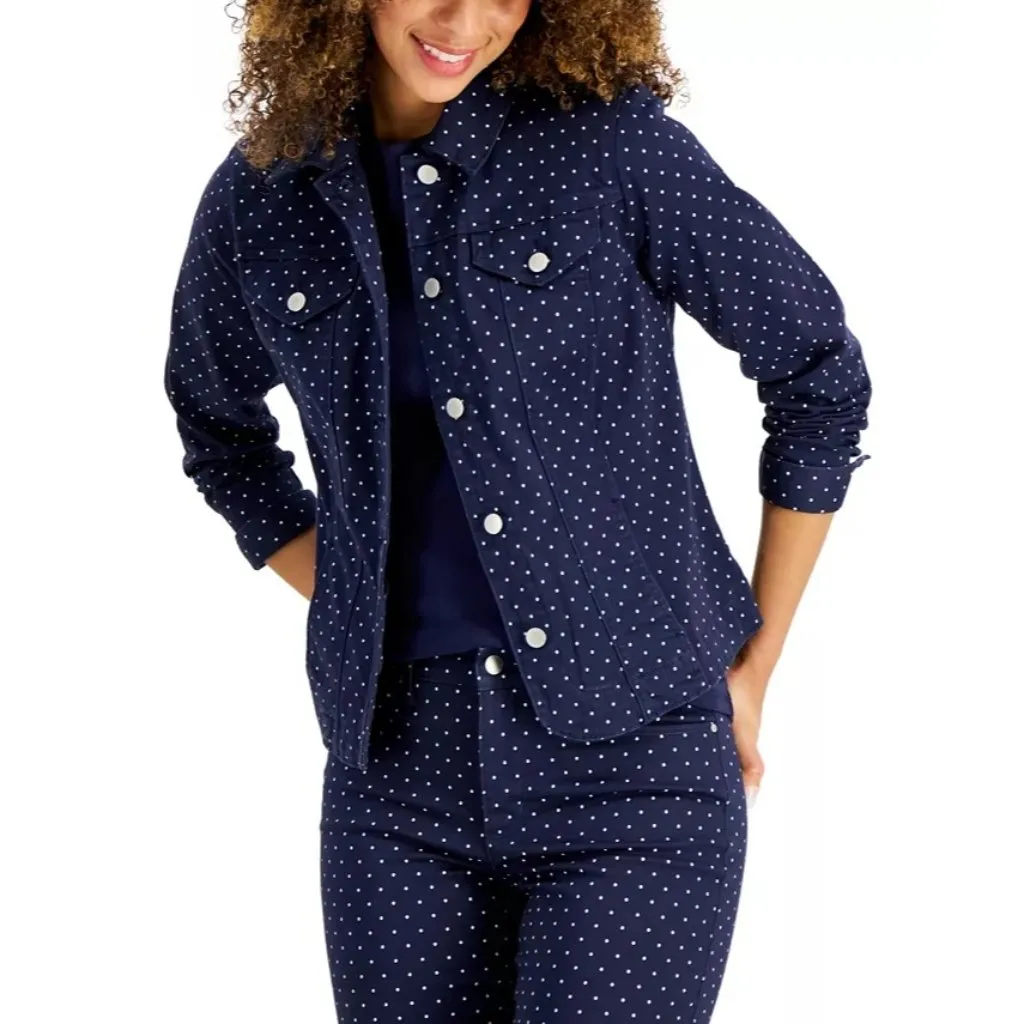 Charter Club Printed Denim Jacket Size L Large Blue White Dot Stretch - Image 7