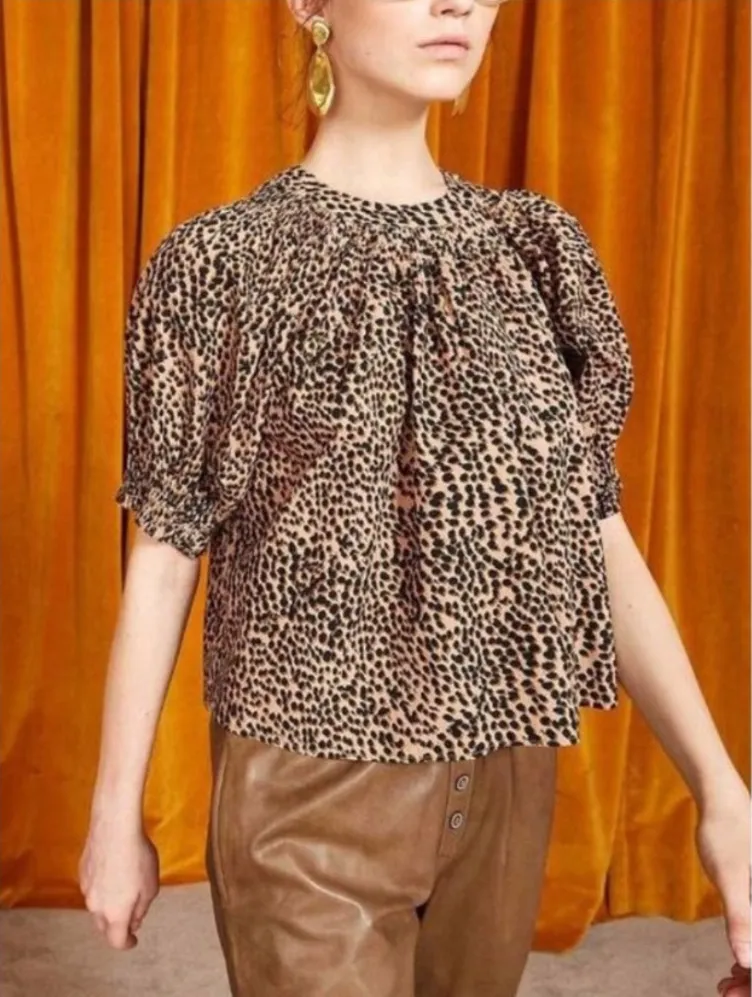 Ulla Johnson Lennie Pleated Cotton Poplin Top Cheetah Print Animal Print Size 0 - Image 1