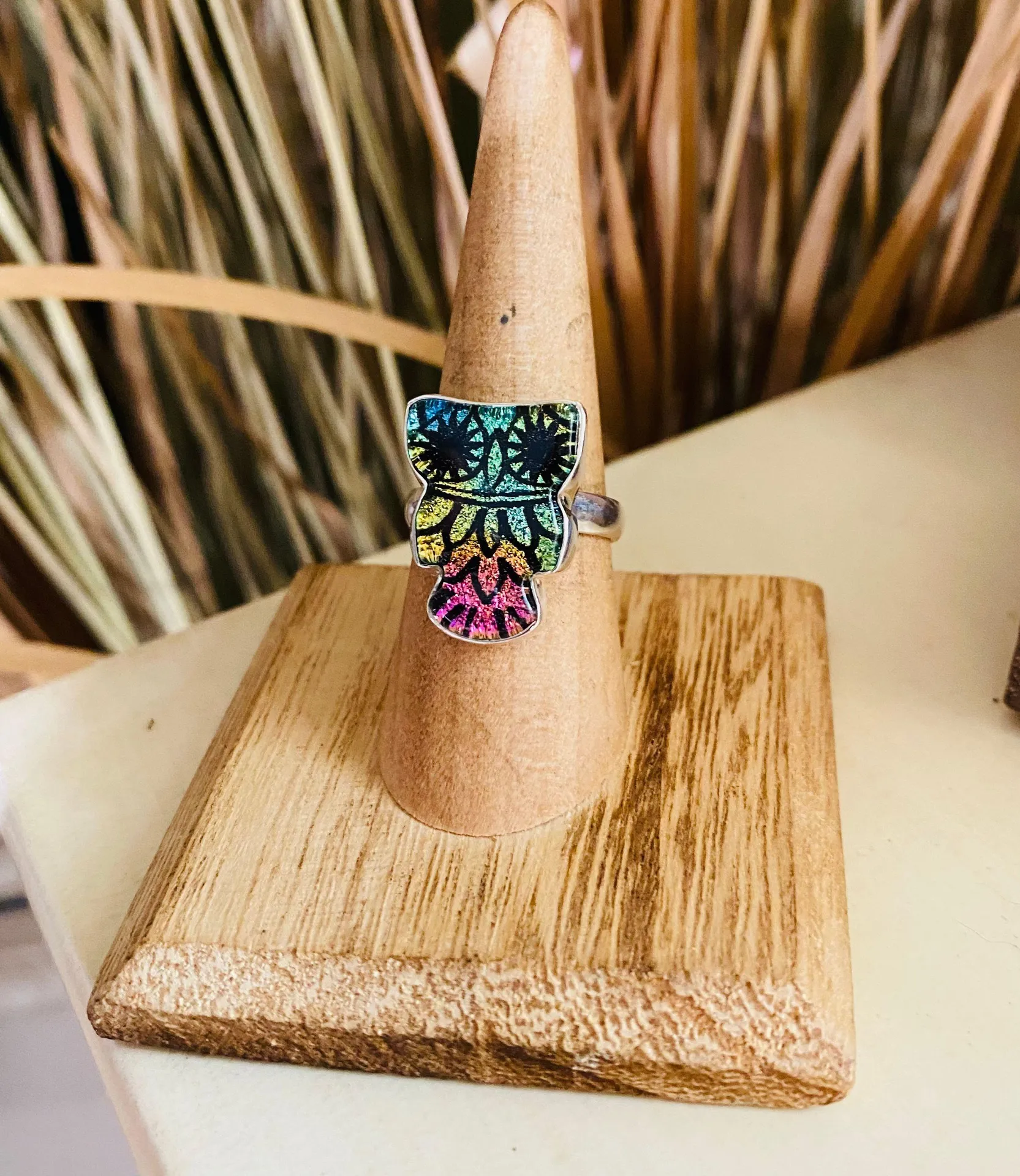 Owl Dichroic Glass Sterling Silver Ring Size 7 Green - Image 2