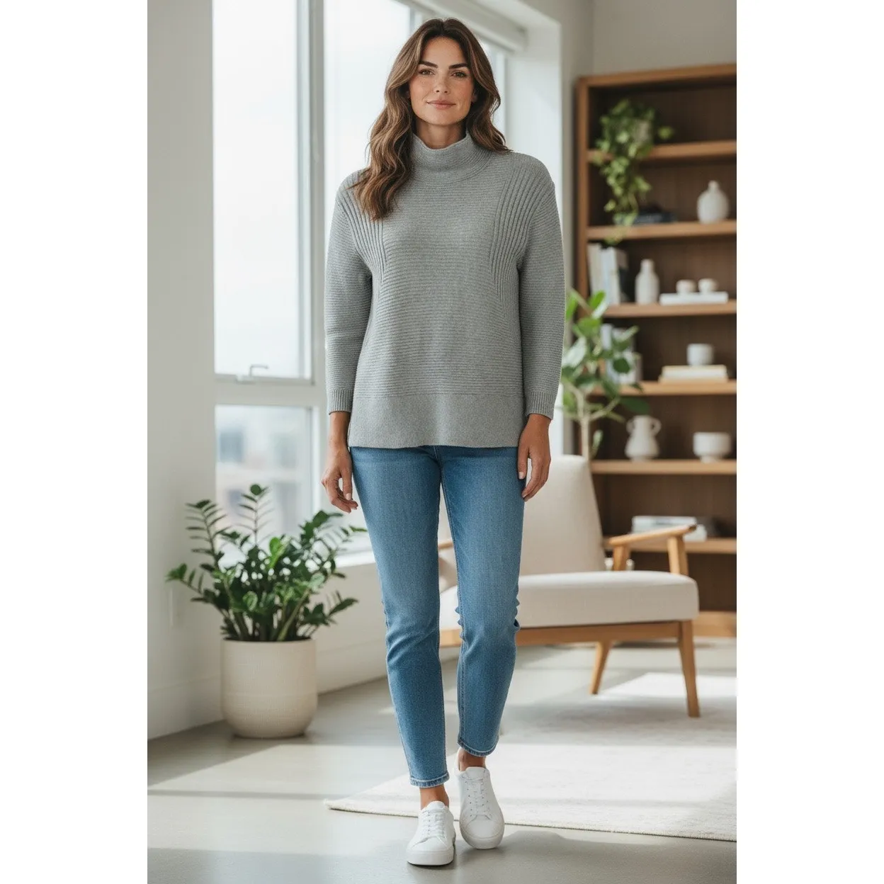 Vince Camuto Grey Mock Neck Ribbed Sweater Medium Cotton Minimalist - Image 11