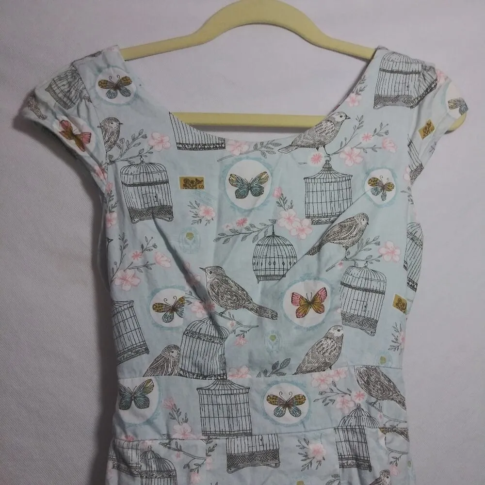 SM Wardrobe Womens Dress Pleated Skirt Tie Waist Lined Bird Cage Blue Size Small - Image 3