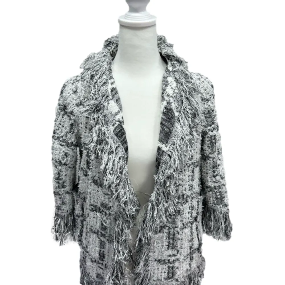 Bruno Manetti Italian Made Cardigan Black & White Fringe Open Front Boho Small - Image 2